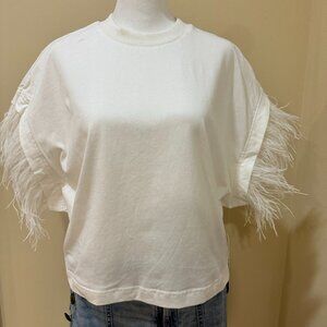NWT Cotton Feather Trim Tee-AQUA- Bloomingdale's Exclusive White Women's Size M